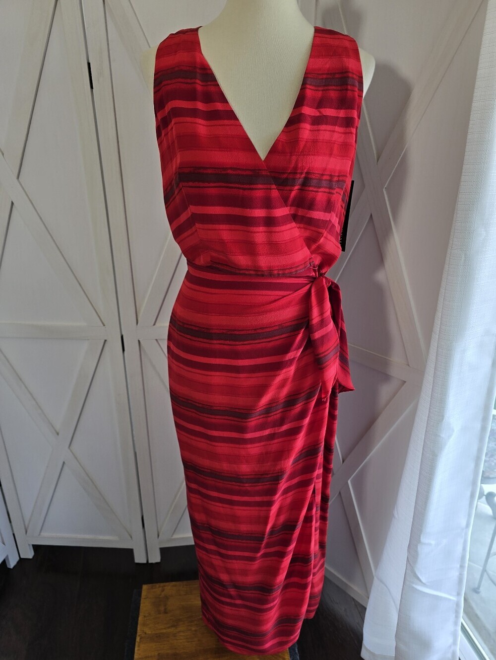 Spenser Jeremy Red Striped Silk Wrap Maxi Dress With V-Neckline (NWT)